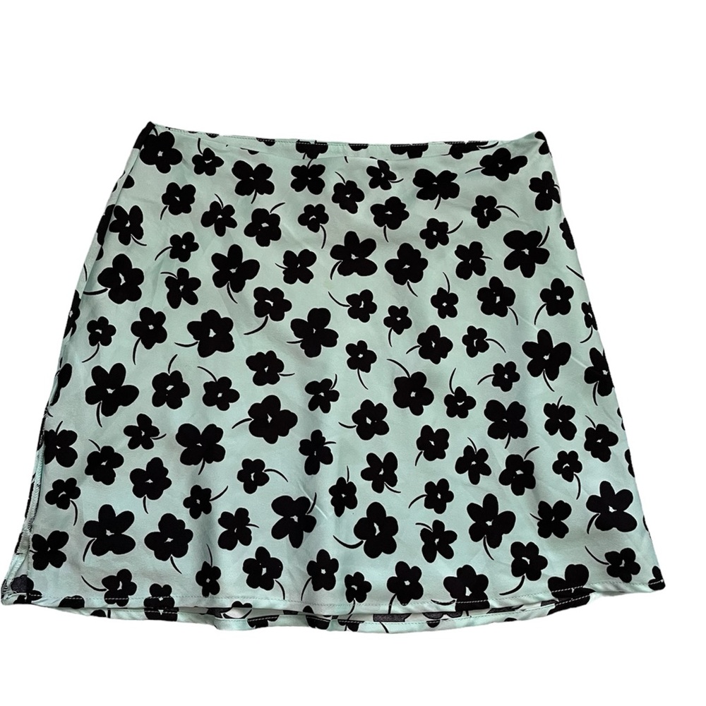 Cotton On A-Line Santorini mini skirt aqua with black daises small/ petite